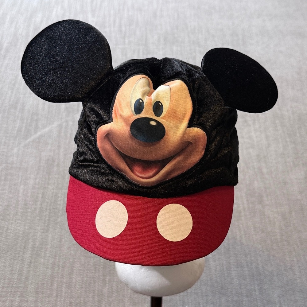 Disney Mickey Mouse Character Hat Black Velvet‎ Plush Ears Red Brim Kids Youth